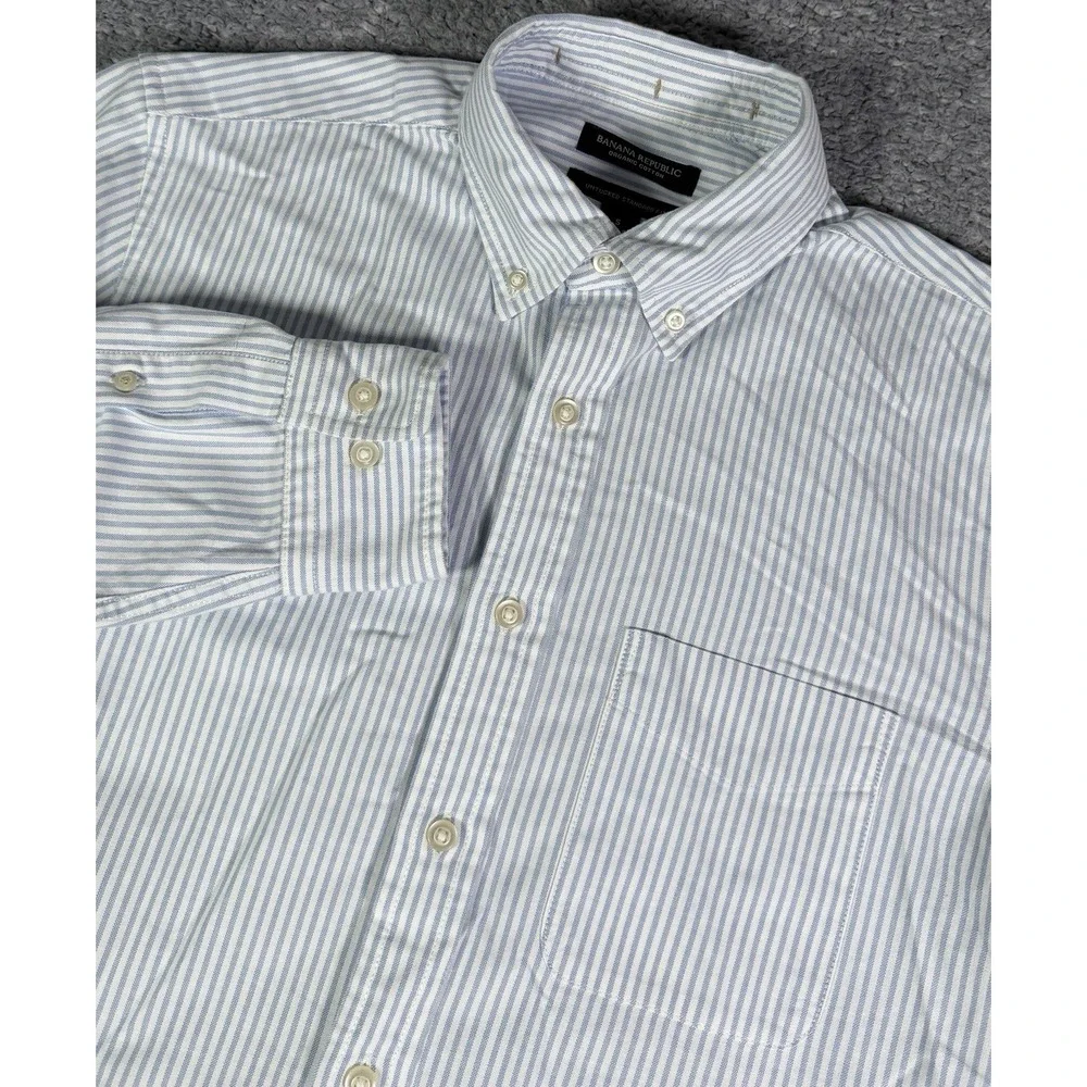Banana Republic Untucked Oxford Shirt Men Small Blue White Stripe Organic Cotton